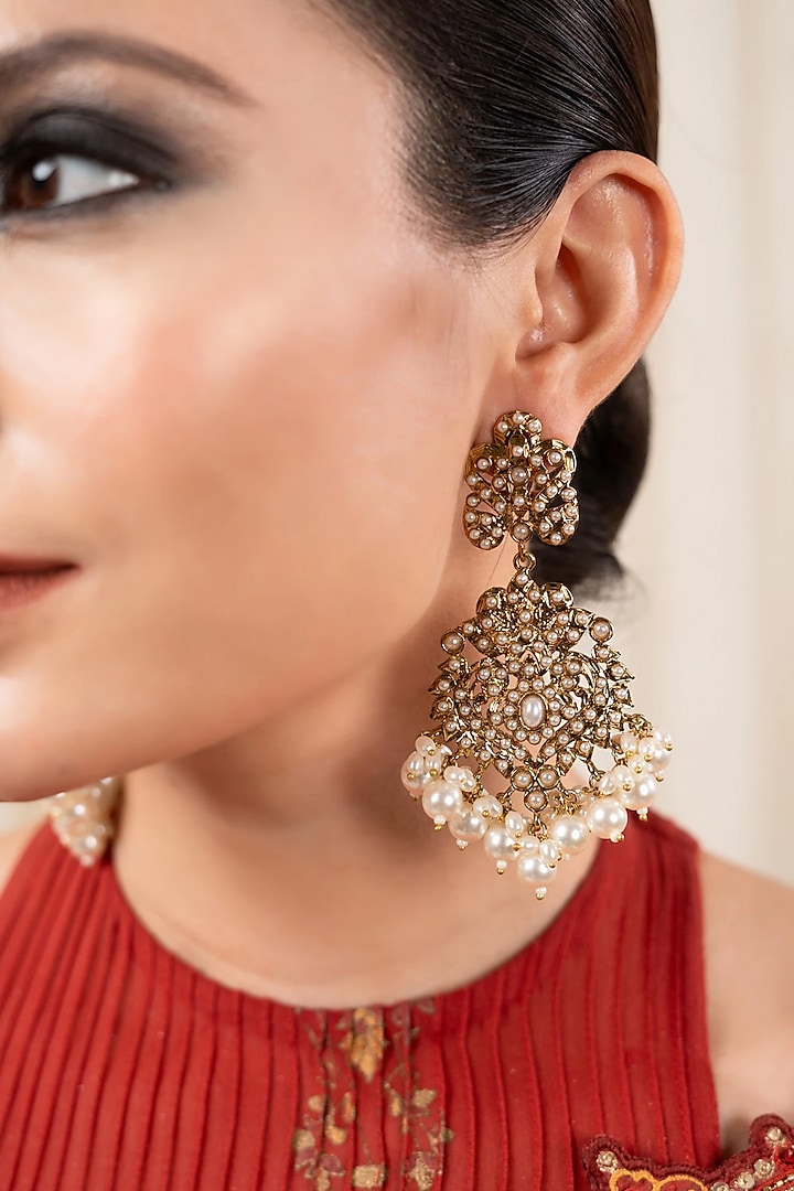 Gold Finish Kundan Polki & Pearl Chandbali Earrings by ANANA at Pernia's Pop Up Shop