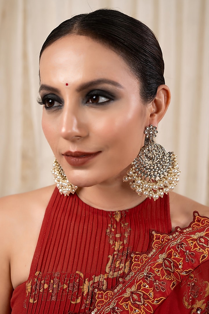 Gold Finish Kundan Polki & Pearl Chandbali Earrings by ANANA at Pernia's Pop Up Shop