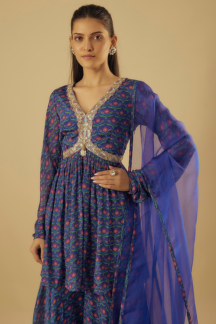 Blue Chinon Wedding Sharara Set by Aneesh Agarwaal PRET at Pernia's Pop Up Shop