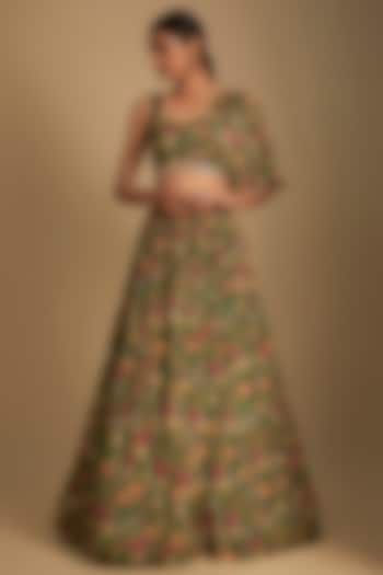 Green Chinon Chiffon Skirt Set by Aneesh Agarwaal PRET at Pernia's Pop Up Shop