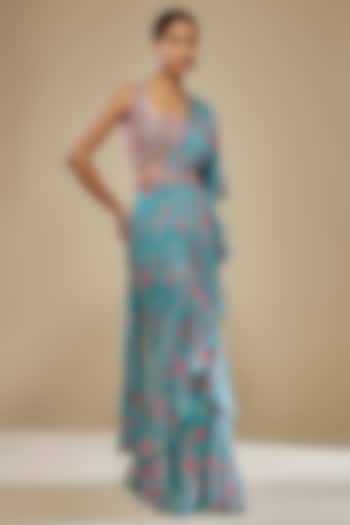 Blue Chinon Wedding Saree Set by Aneesh Agarwaal PRET at Pernia's Pop Up Shop