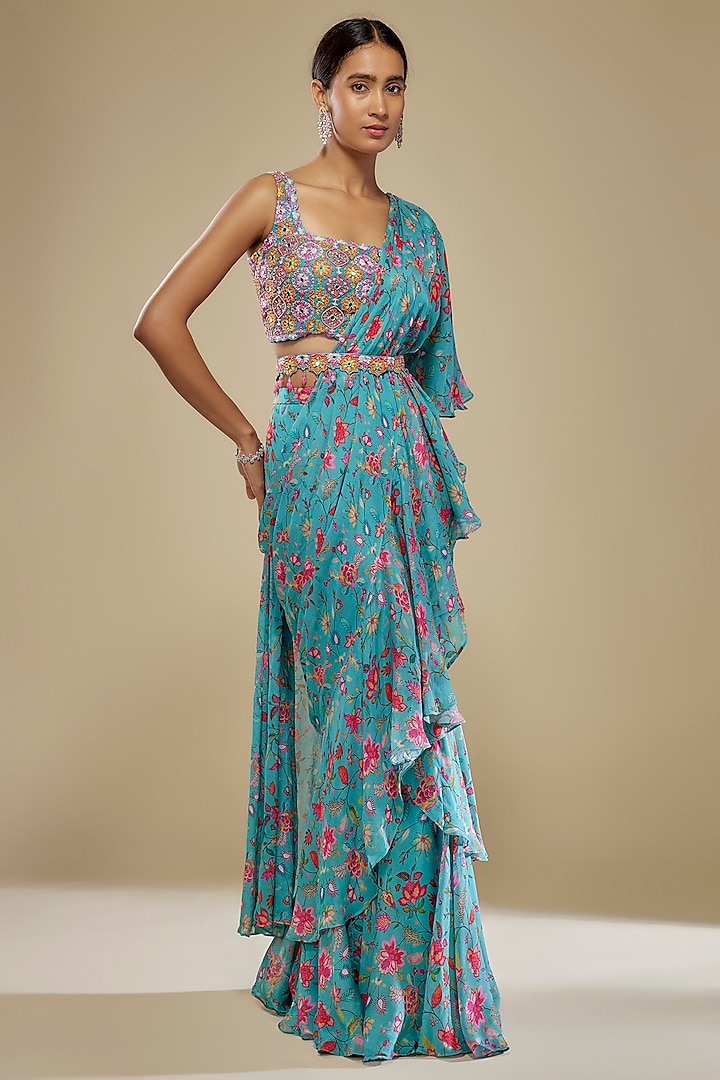 Blue Chinon Wedding Saree Set by Aneesh Agarwaal PRET at Pernia's Pop Up Shop