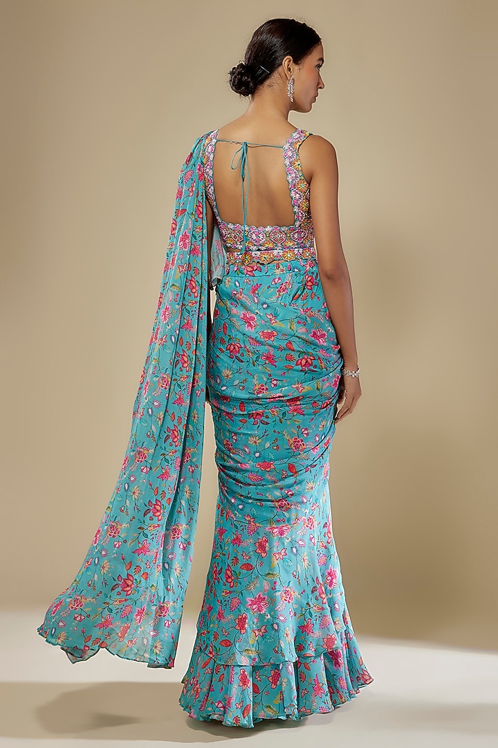 Blue Chinon Wedding Saree Set by Aneesh Agarwaal PRET at Pernia's Pop Up Shop