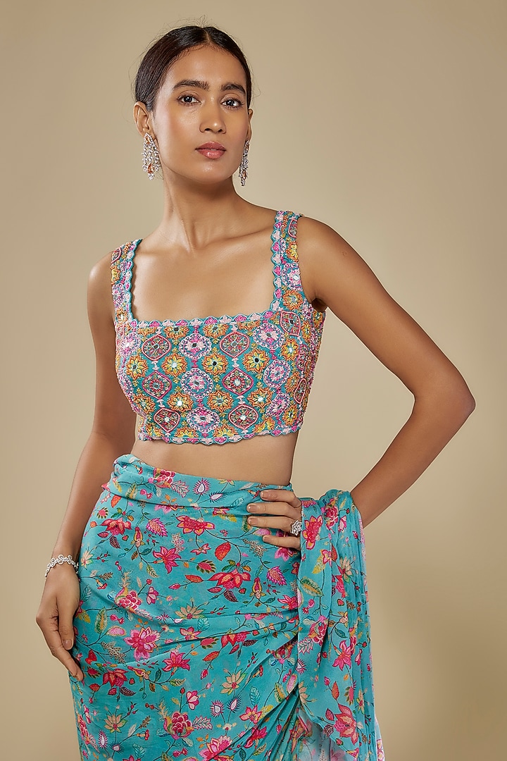 Blue Chinon Wedding Saree Set by Aneesh Agarwaal PRET at Pernia's Pop Up Shop
