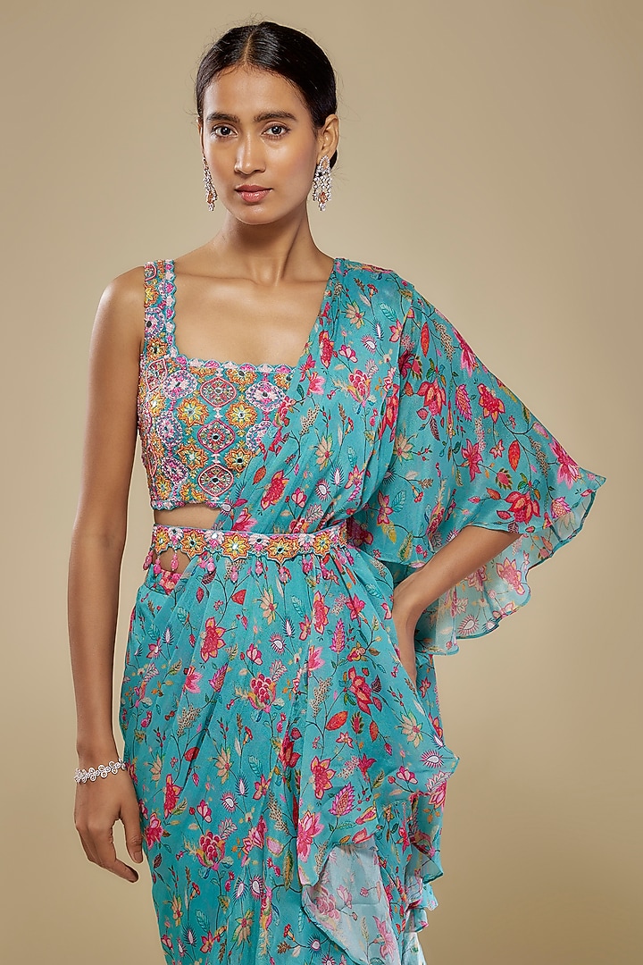 Blue Chinon Wedding Saree Set by Aneesh Agarwaal PRET at Pernia's Pop Up Shop