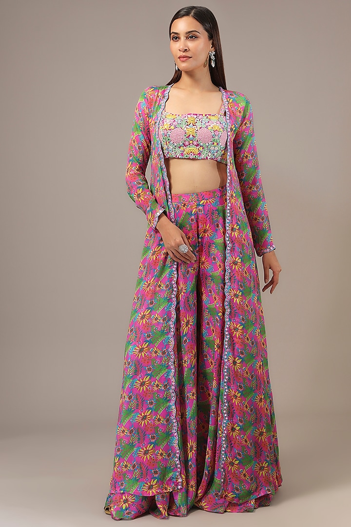 Pink Chinon Printed & Thread Embroidered Jacket Set by Aneesh Agarwaal PRET