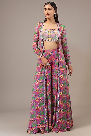 Pink Chinon Printed & Thread Embroidered Jacket Set by Aneesh Agarwaal PRET