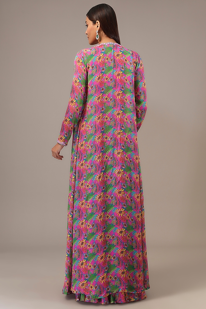 Pink Chinon Printed & Thread Embroidered Jacket Set by Aneesh Agarwaal PRET at Pernia's Pop Up Shop