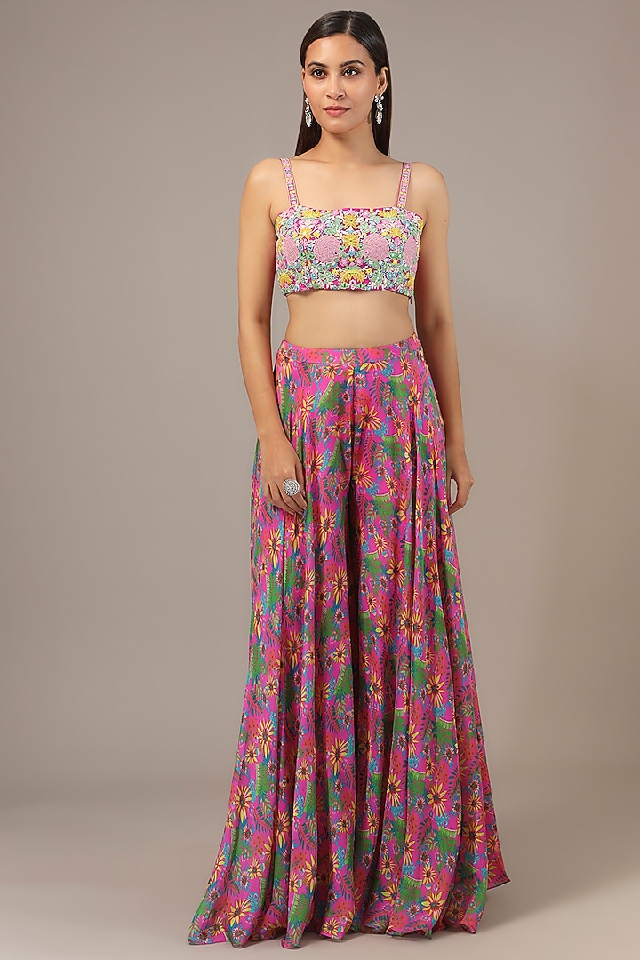 Pink Chinon Printed & Thread Embroidered Jacket Set by Aneesh Agarwaal PRET at Pernia's Pop Up Shop