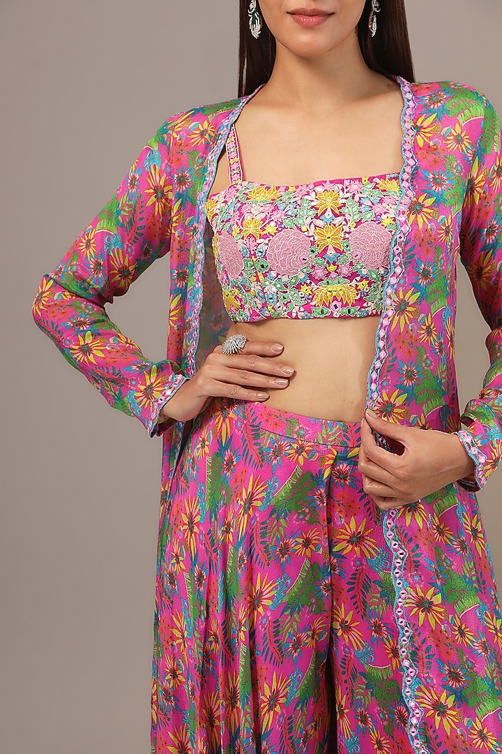 Pink Chinon Printed & Thread Embroidered Jacket Set by Aneesh Agarwaal PRET at Pernia's Pop Up Shop