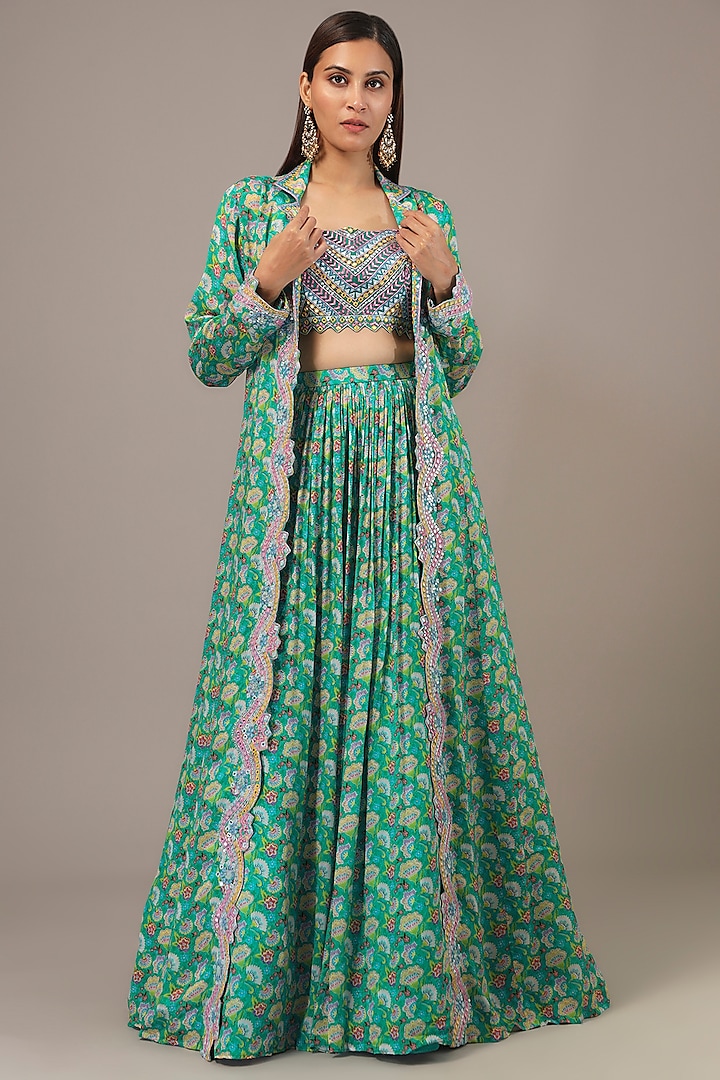 Emerald Chinon Printed & Mirror Embroidered Jacket Set by Aneesh Agarwaal PRET