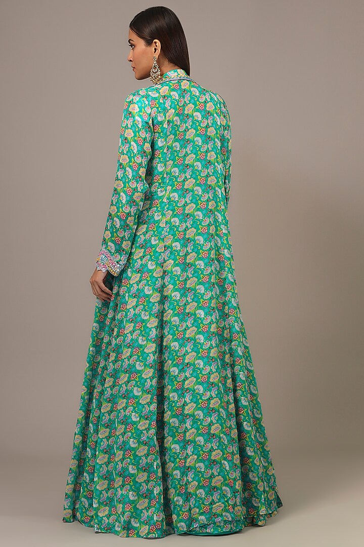 Emerald Chinon Printed & Mirror Embroidered Jacket Set by Aneesh Agarwaal PRET at Pernia's Pop Up Shop