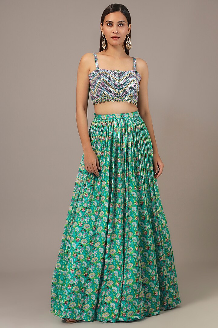 Emerald Chinon Printed & Mirror Embroidered Jacket Set by Aneesh Agarwaal PRET at Pernia's Pop Up Shop