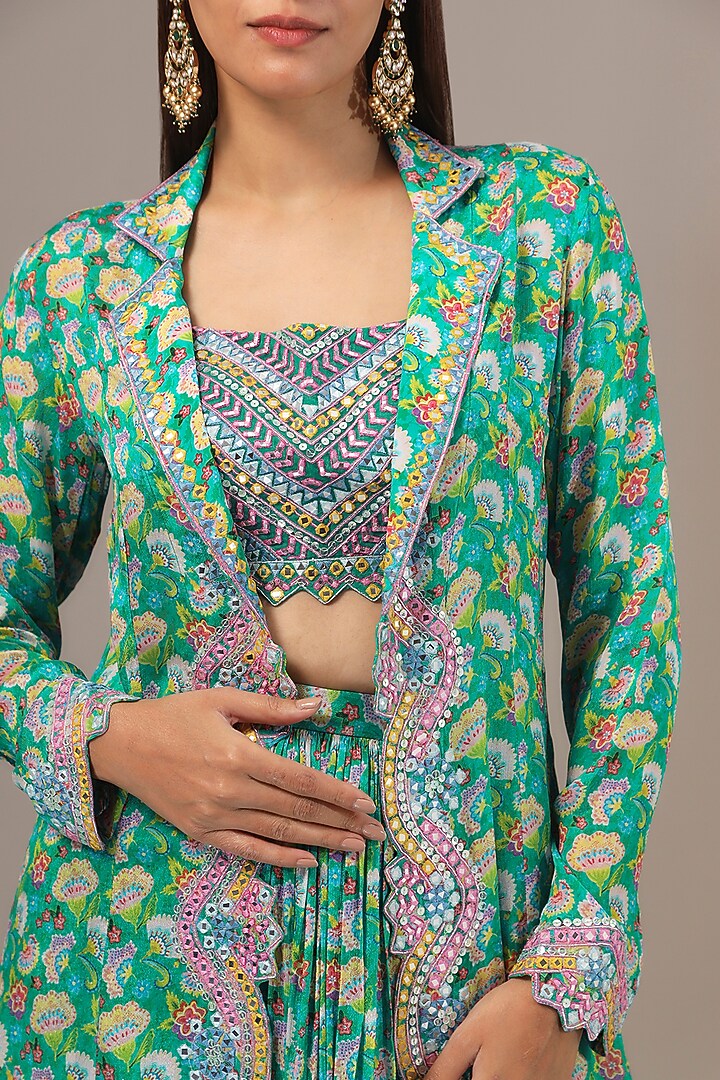 Emerald Chinon Printed & Mirror Embroidered Jacket Set by Aneesh Agarwaal PRET at Pernia's Pop Up Shop