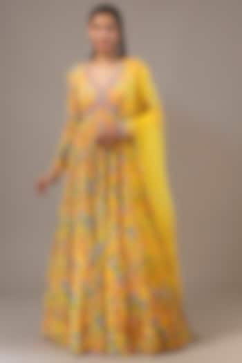 Yellow Chinon Printed & Sequins Embroidered Anarkali Set by Aneesh Agarwaal PRET at Pernia's Pop Up Shop