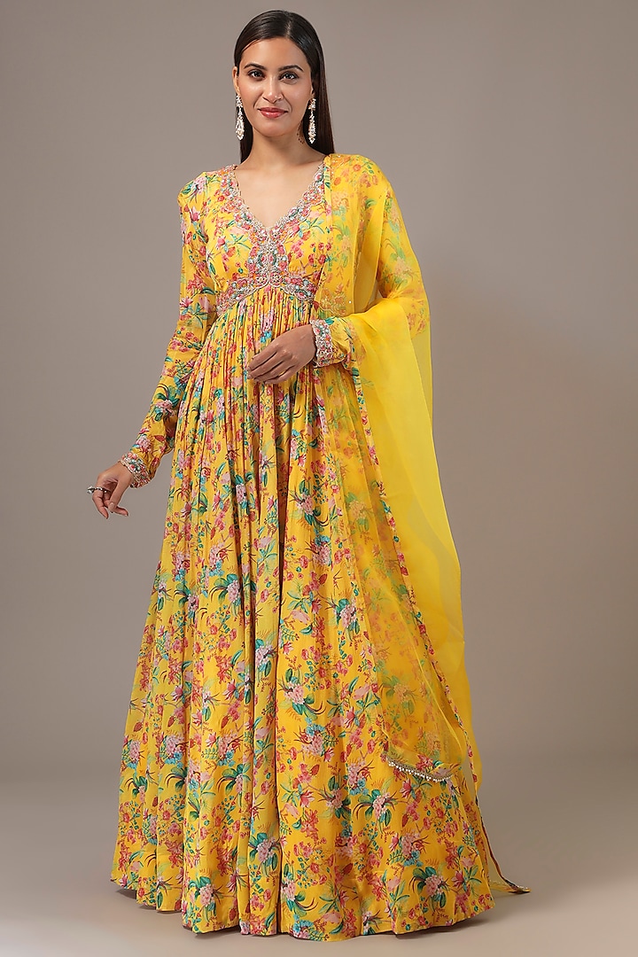 Yellow Chinon Printed & Sequins Embroidered Anarkali Set by Aneesh Agarwaal PRET at Pernia's Pop Up Shop