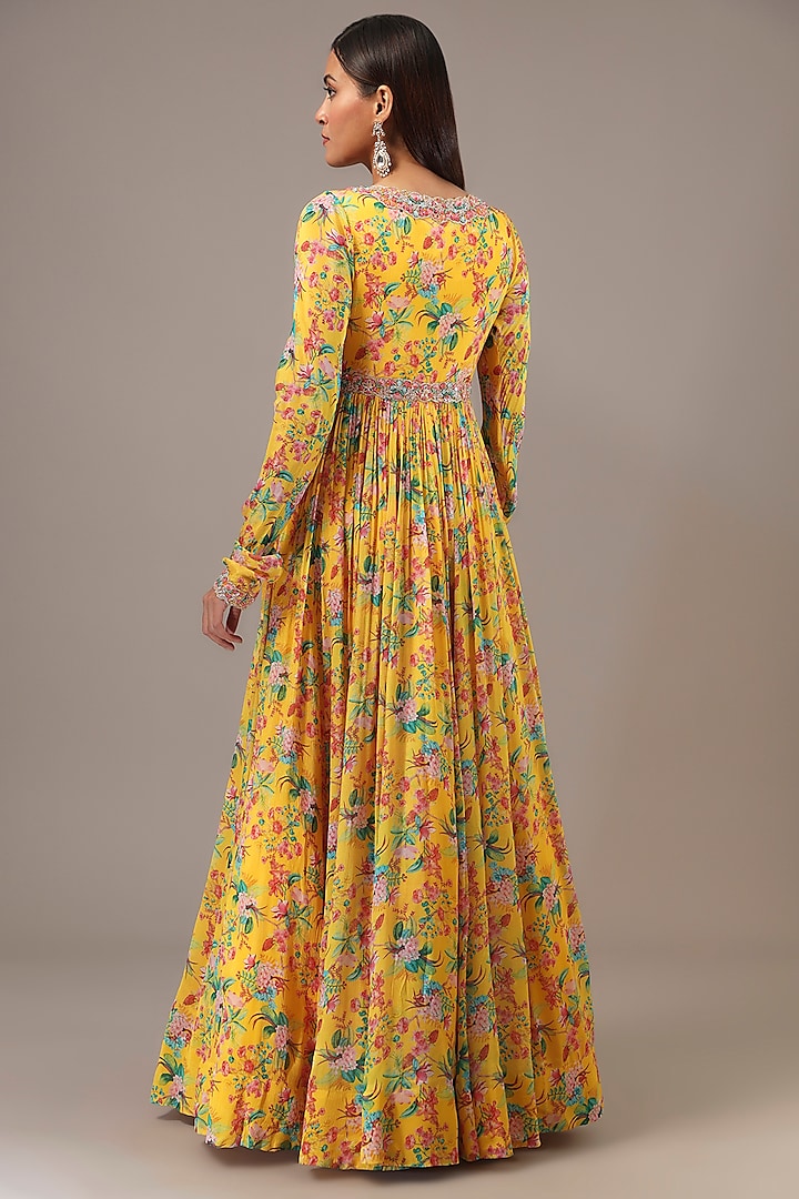 Yellow Chinon Printed & Sequins Embroidered Wedding Anarkali Set by Aneesh Agarwaal PRET at Pernia's Pop Up Shop