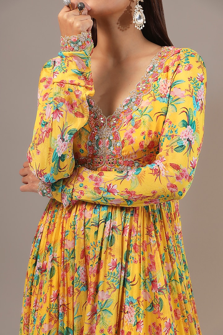 Yellow Chinon Printed & Sequins Embroidered Wedding Anarkali Set by Aneesh Agarwaal PRET at Pernia's Pop Up Shop