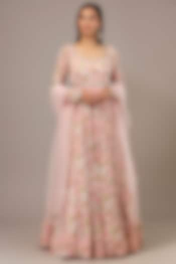 Peach Chinon Printed & Sequins Embroidered Anarkali Set by Aneesh Agarwaal PRET at Pernia's Pop Up Shop