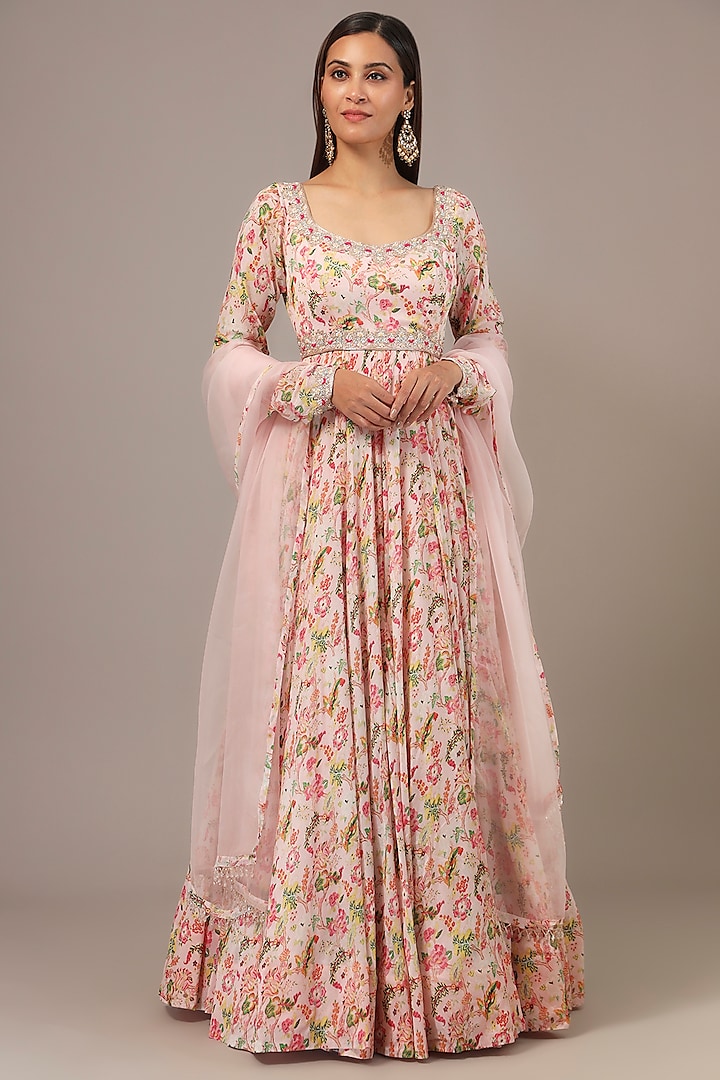 Peach Chinon Printed & Sequins Embroidered Anarkali Set by Aneesh Agarwaal PRET at Pernia's Pop Up Shop