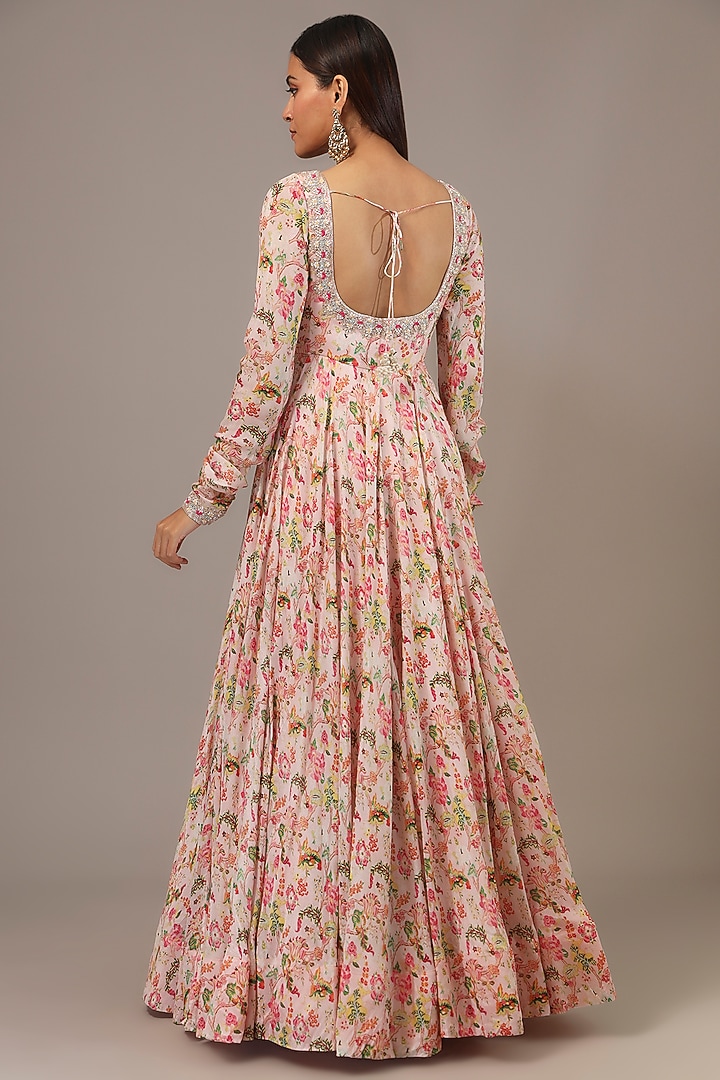 Peach Chinon Printed & Sequins Embroidered Wedding Anarkali Set by Aneesh Agarwaal PRET at Pernia's Pop Up Shop