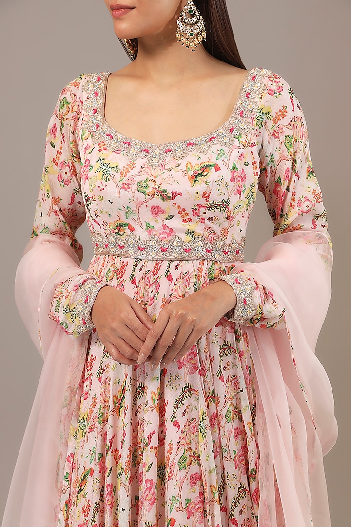 Peach Chinon Printed & Sequins Embroidered Wedding Anarkali Set by Aneesh Agarwaal PRET at Pernia's Pop Up Shop