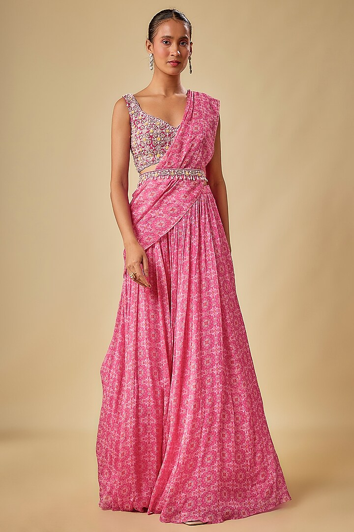 Rani Chinon Chiffon Ikat Printed Wedding Lehenga Saree Set by Aneesh Agarwaal PRET at Pernia's Pop Up Shop