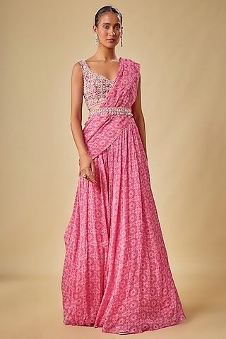 Rani Chinon Chiffon Ikat Printed Lehenga Saree Set by Aneesh Agarwaal PRET