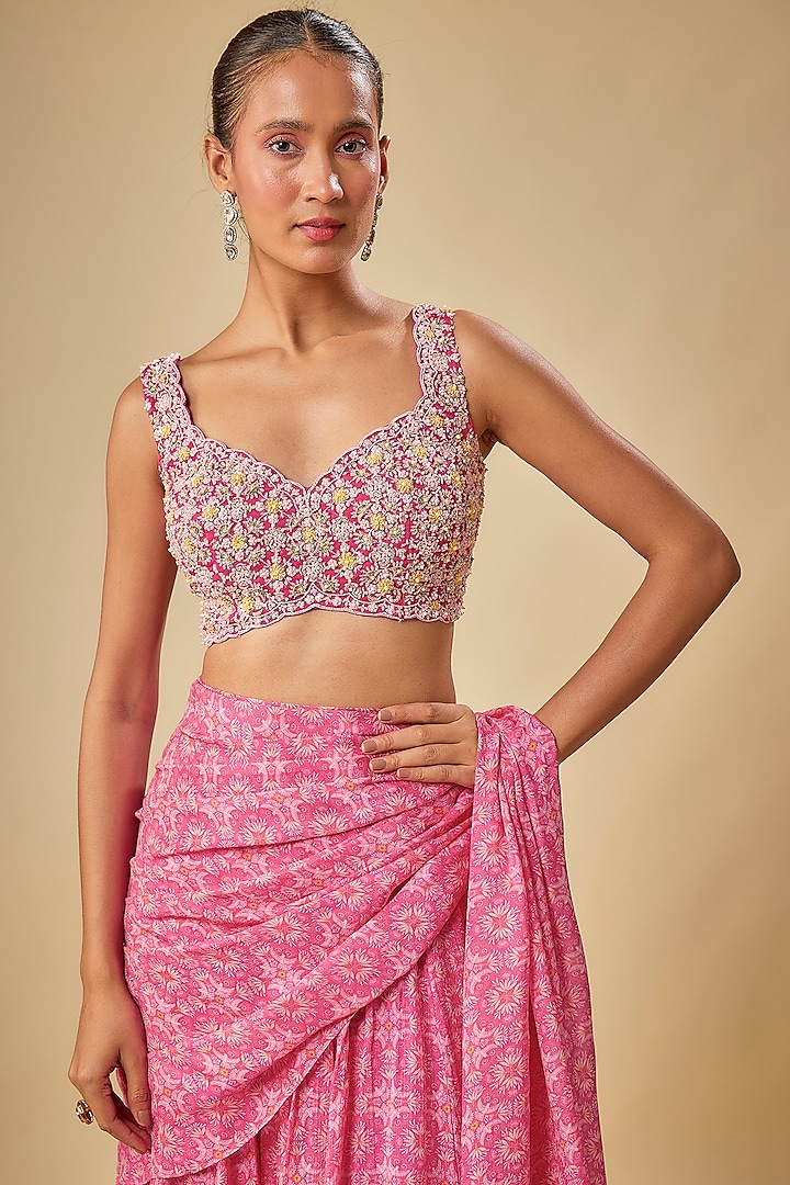 Rani Chinon Chiffon Ikat Printed Wedding Lehenga Saree Set by Aneesh Agarwaal PRET at Pernia's Pop Up Shop