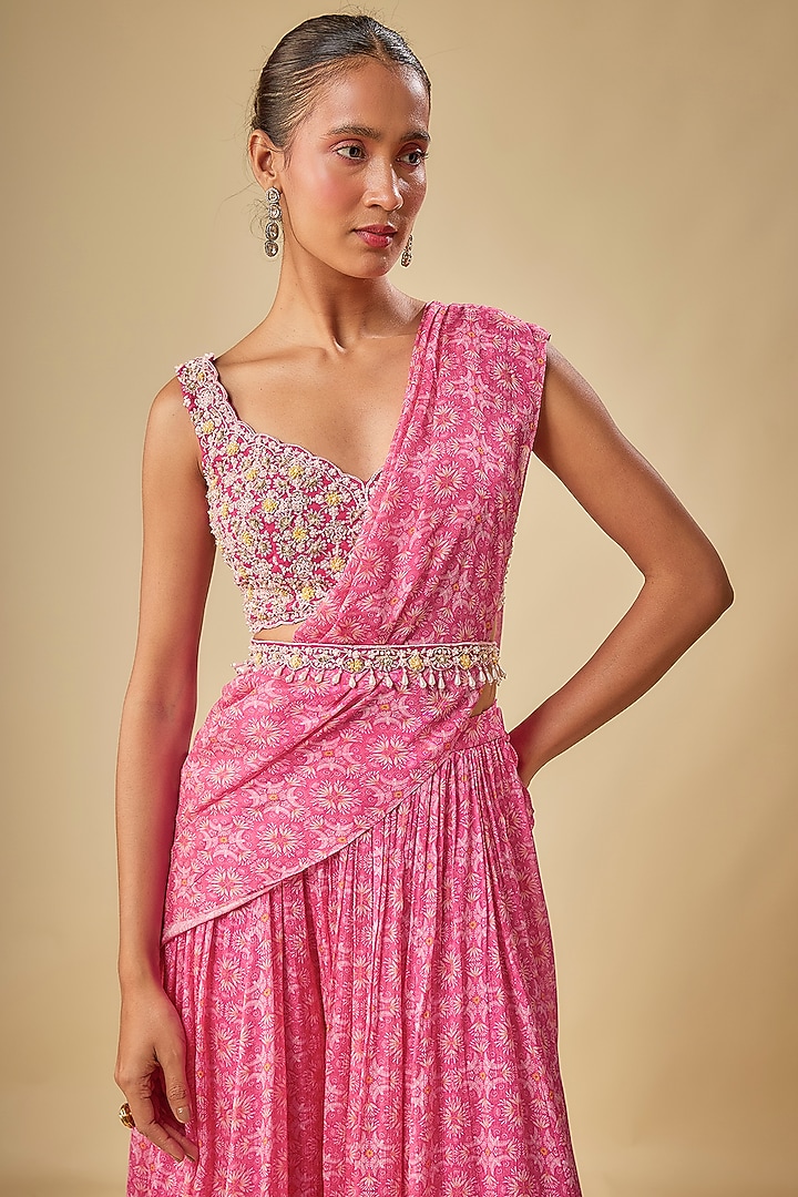 Rani Chinon Chiffon Ikat Printed Wedding Lehenga Saree Set by Aneesh Agarwaal PRET at Pernia's Pop Up Shop