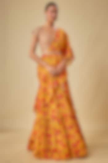 Yellow Chinon Chiffon Printed Wedding Lehenga Saree Set by Aneesh Agarwaal PRET at Pernia's Pop Up Shop