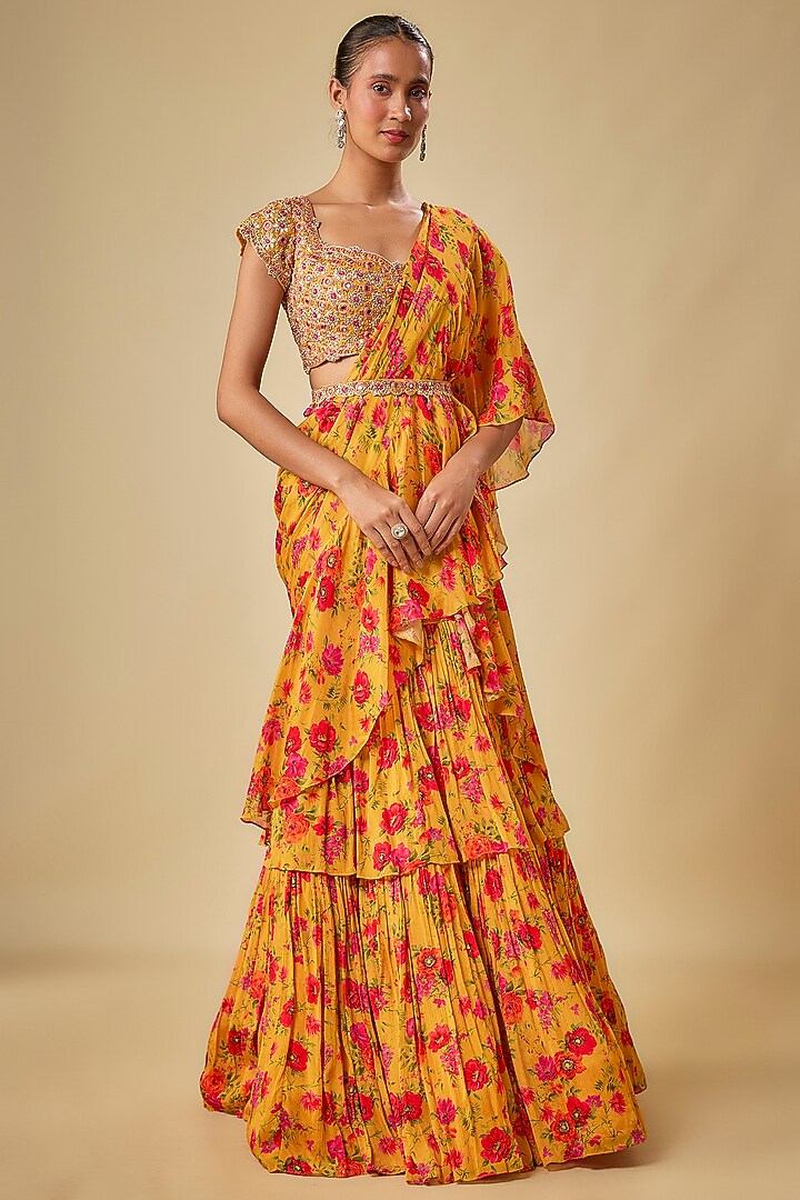 Yellow Chinon Chiffon Printed Wedding Lehenga Saree Set by Aneesh Agarwaal PRET at Pernia's Pop Up Shop