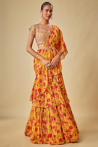 Yellow Chinon Chiffon Printed Lehenga Saree Set by Aneesh Agarwaal PRET
