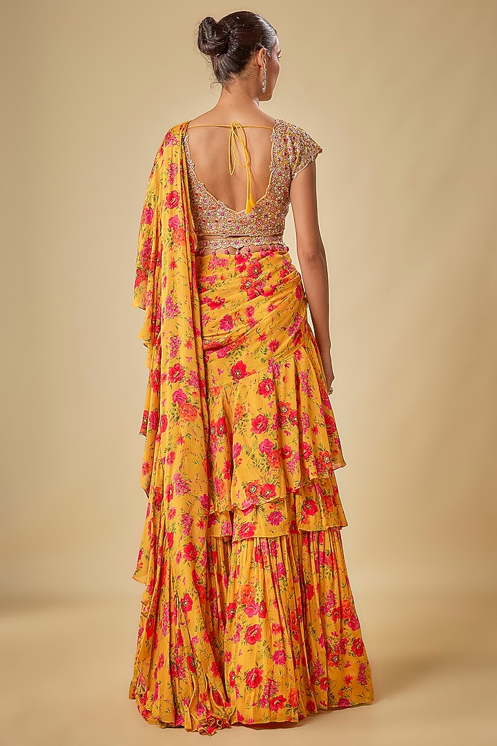Yellow Chinon Chiffon Printed Wedding Lehenga Saree Set by Aneesh Agarwaal PRET at Pernia's Pop Up Shop