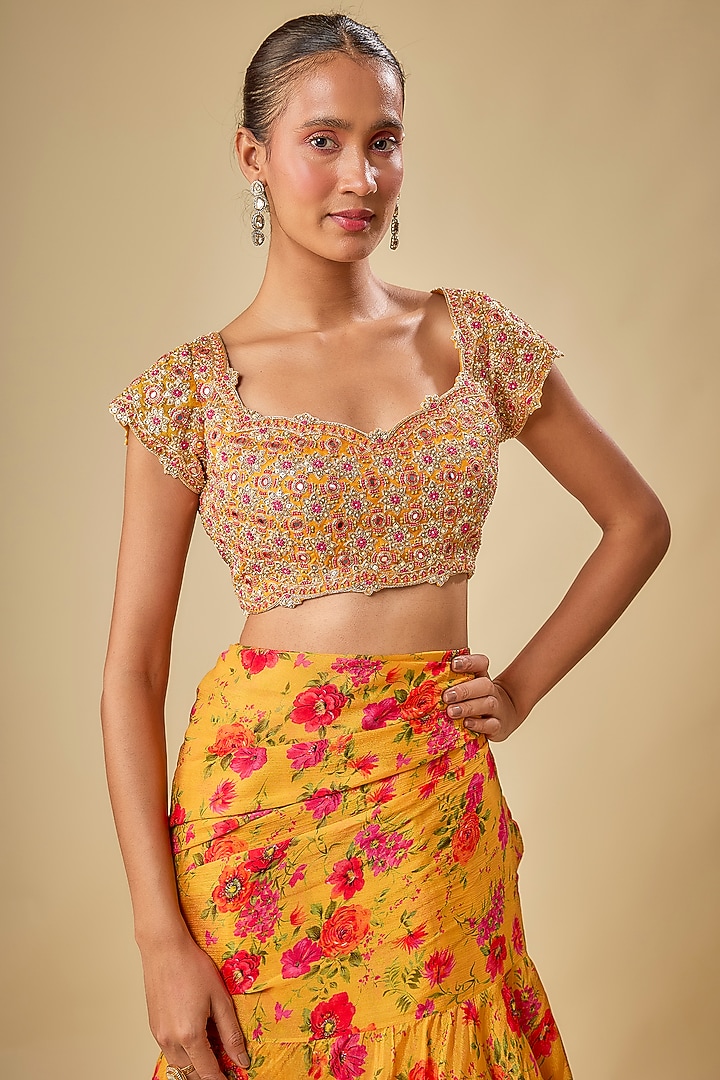 Yellow Chinon Chiffon Printed Wedding Lehenga Saree Set by Aneesh Agarwaal PRET at Pernia's Pop Up Shop