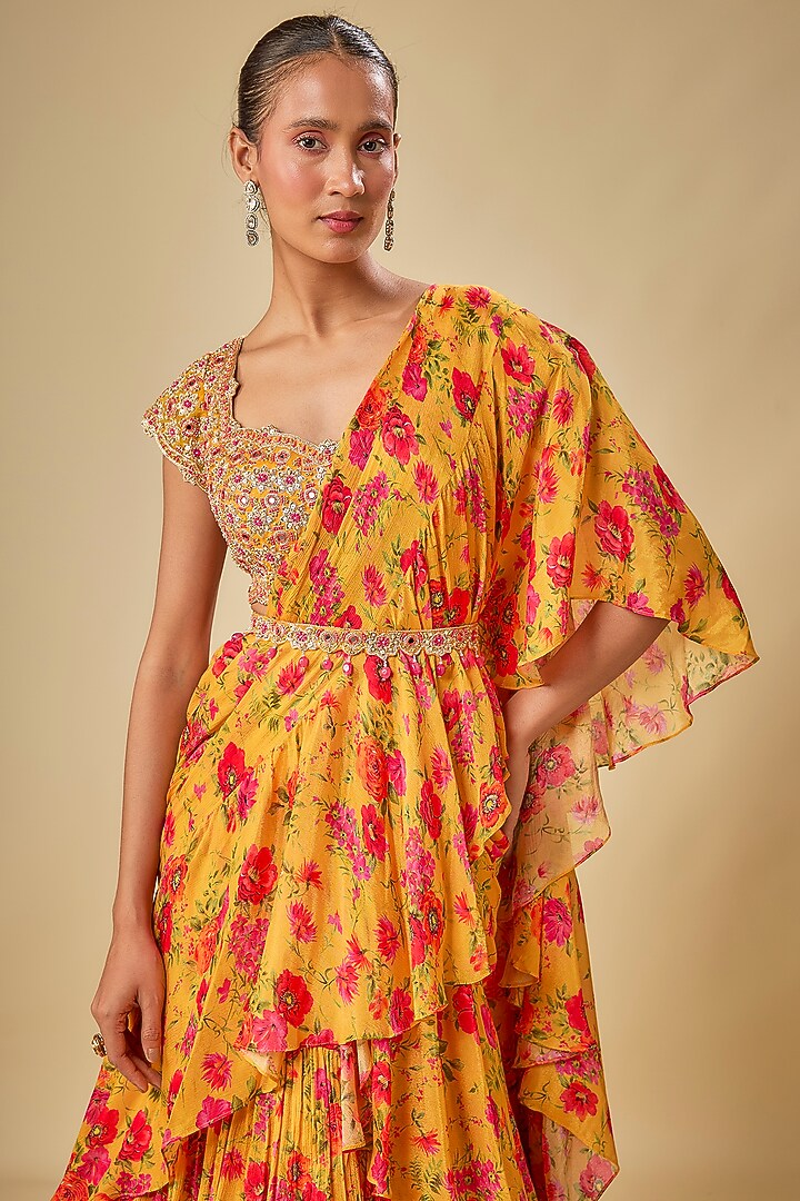 Yellow Chinon Chiffon Printed Wedding Lehenga Saree Set by Aneesh Agarwaal PRET at Pernia's Pop Up Shop
