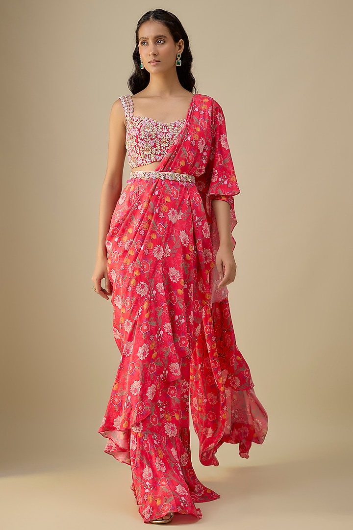Red & Purple Chinon Chiffon Wedding Saree Set by Aneesh Agarwaal PRET at Pernia's Pop Up Shop