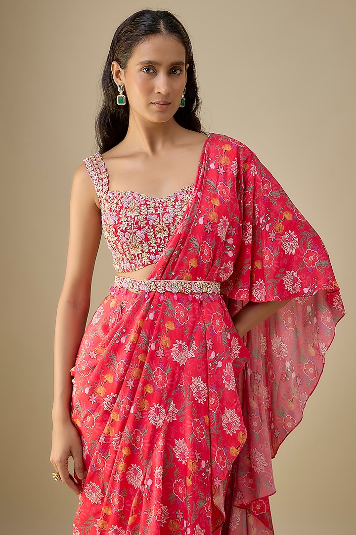 Red & Purple Chinon Chiffon Wedding Saree Set by Aneesh Agarwaal PRET at Pernia's Pop Up Shop
