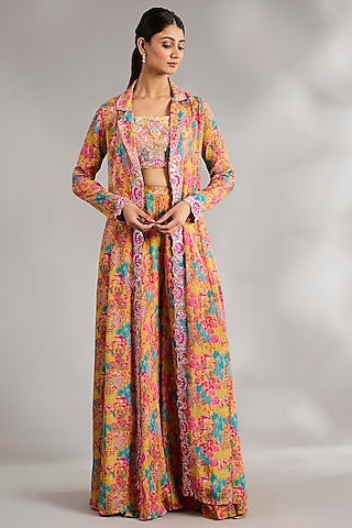 Lime & Multi-Colored Chinon Chiffon Jacket Set by Aneesh Agarwaal PRET