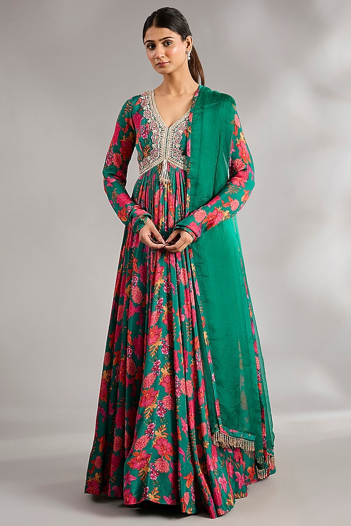 Green Chinon Chiffon Wedding Anarkali Set by Aneesh Agarwaal PRET at Pernia's Pop Up Shop