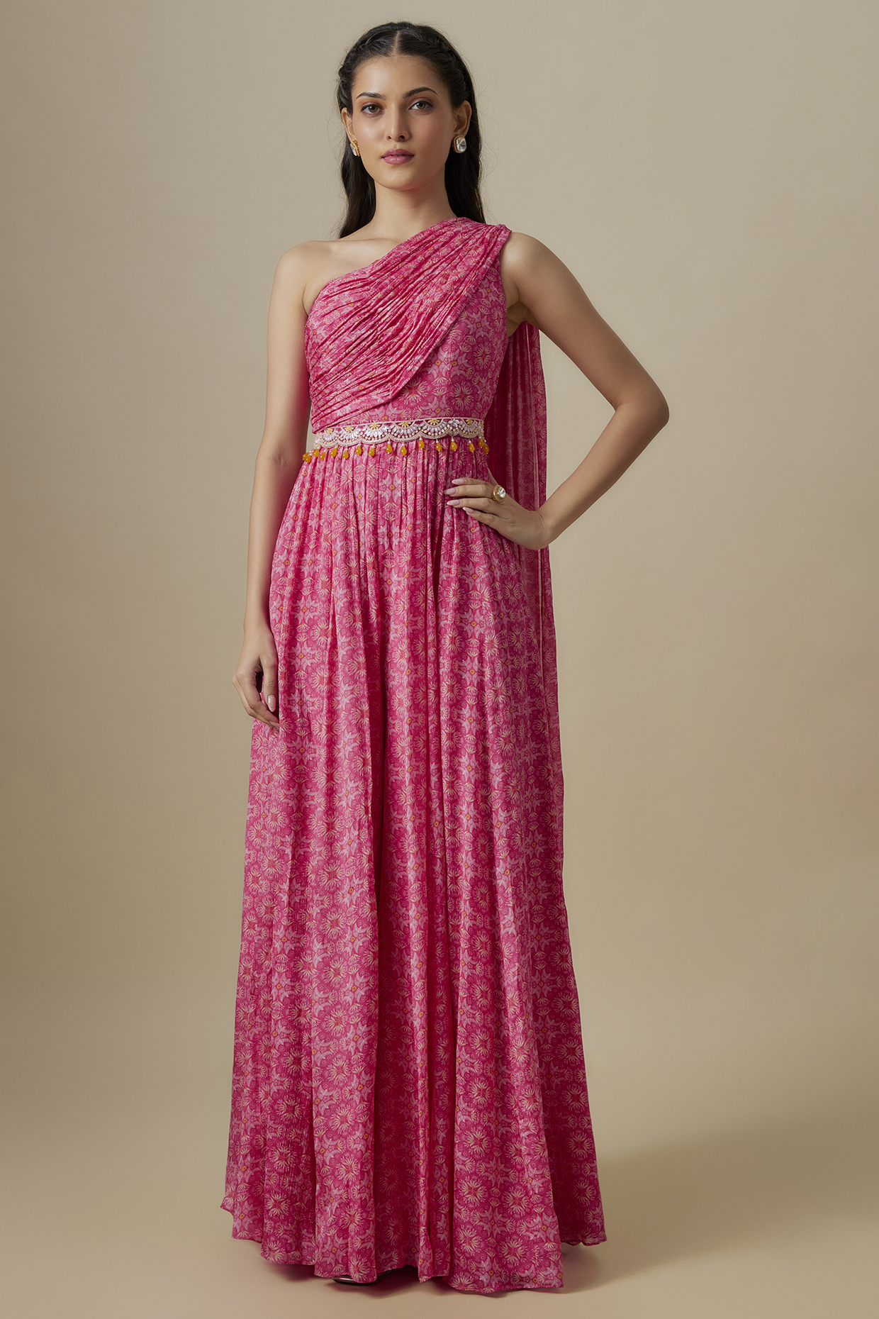 Rani Pink Chinon Chiffon Draped Jumpsuit With Belt by Aneesh Agarwaal PRET at Pernia's Pop Up Shop