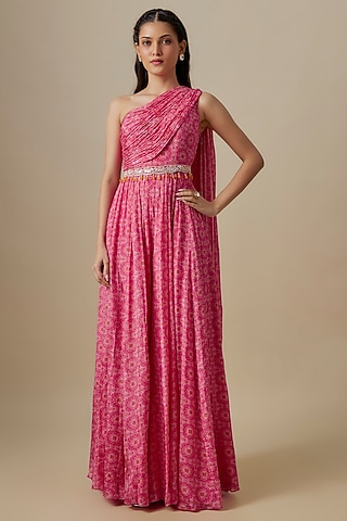 Rani Pink Chinon Chiffon Draped Jumpsuit With Belt by Aneesh Agarwaal PRET