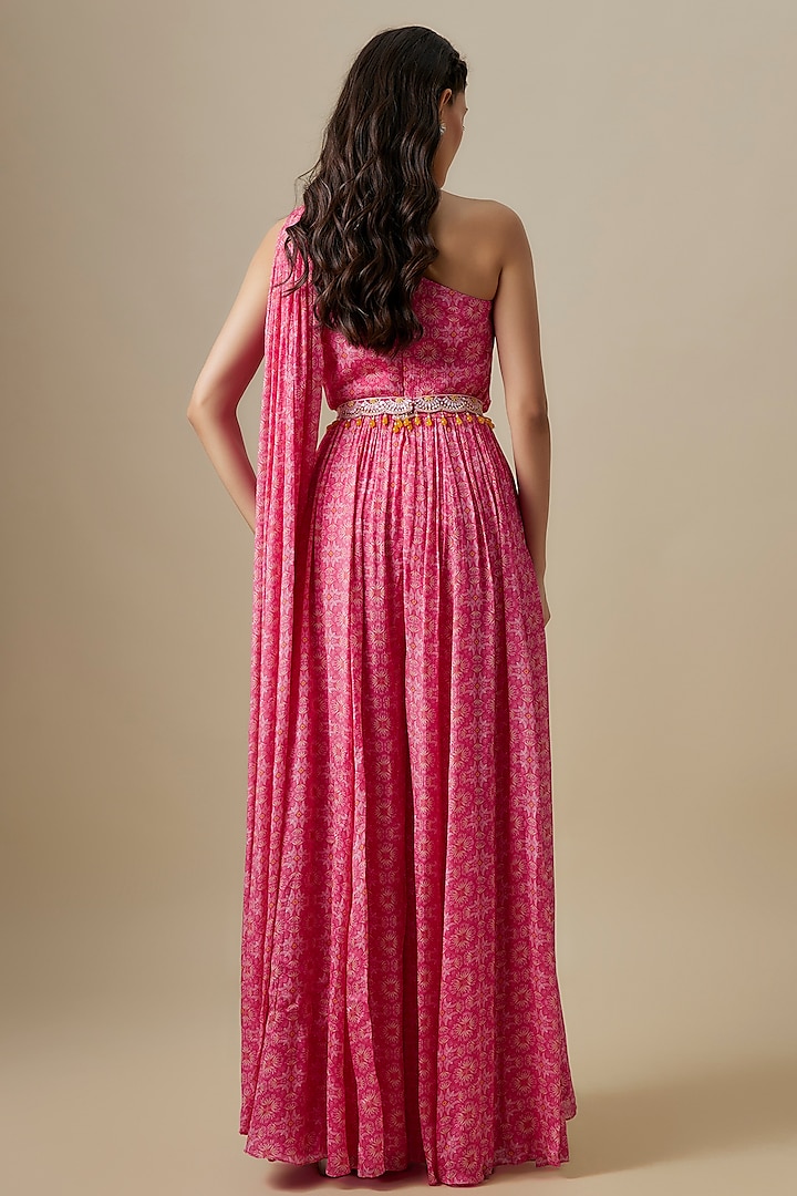 Rani Pink Chinon Chiffon Draped Jumpsuit With Belt by Aneesh Agarwaal PRET at Pernia's Pop Up Shop