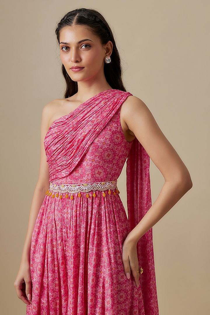 Rani Pink Chinon Chiffon Draped Jumpsuit With Belt by Aneesh Agarwaal PRET at Pernia's Pop Up Shop