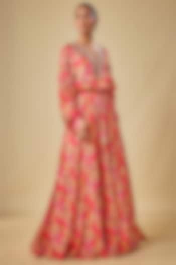 Red Satin Printed Skirt Set by Aneesh Agarwaal PRET at Pernia's Pop Up Shop