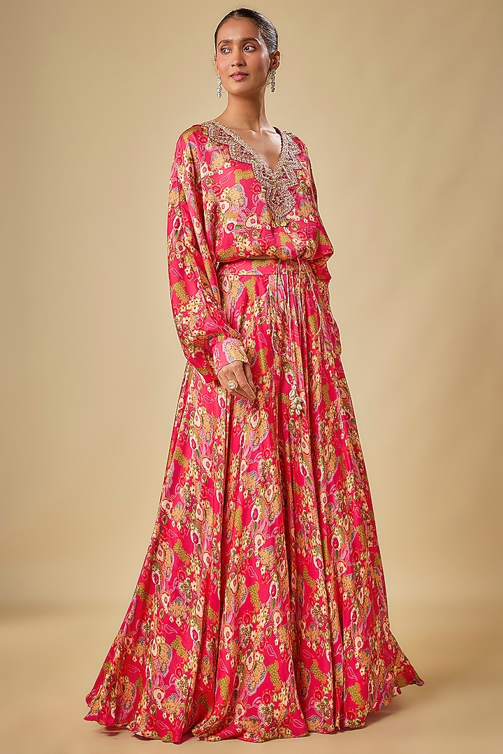 Red Satin Printed Skirt Set by Aneesh Agarwaal PRET at Pernia's Pop Up Shop