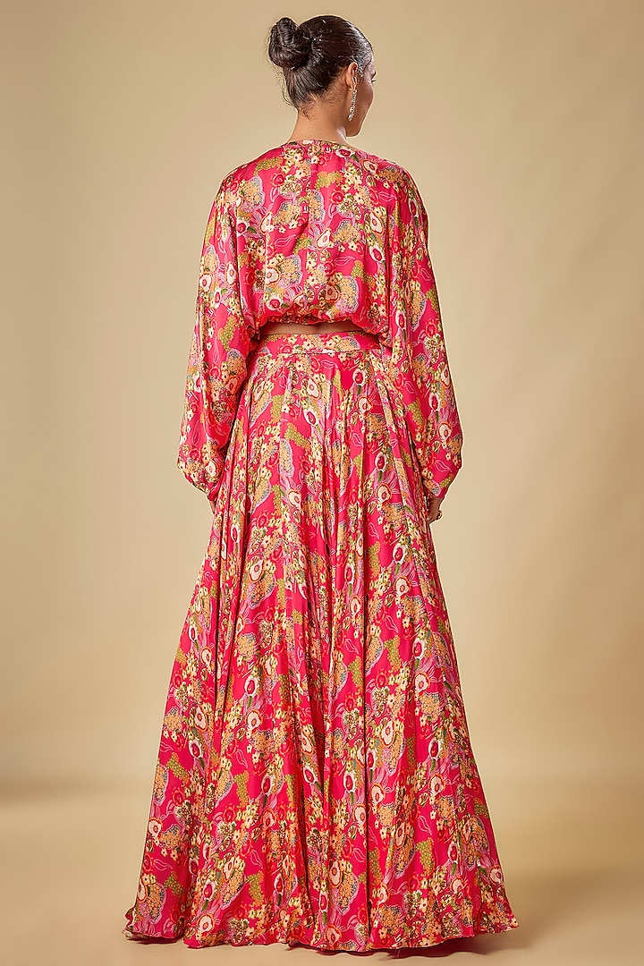 Red Satin Printed Skirt Set by Aneesh Agarwaal PRET at Pernia's Pop Up Shop