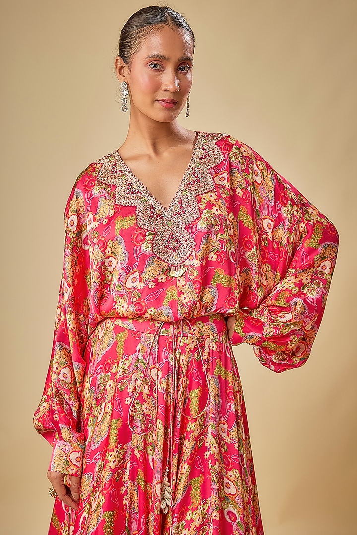 Red Satin Printed Skirt Set by Aneesh Agarwaal PRET at Pernia's Pop Up Shop