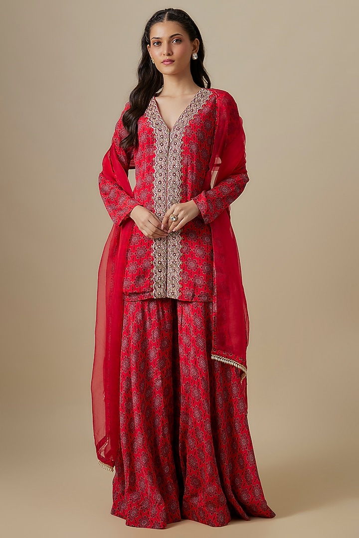 Red Chinon Chiffon Wedding Sharara Set by Aneesh Agarwaal PRET at Pernia's Pop Up Shop