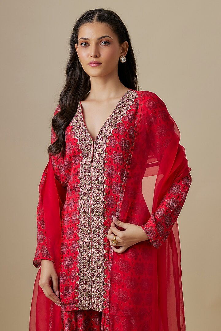 Red Chinon Chiffon Wedding Sharara Set by Aneesh Agarwaal PRET at Pernia's Pop Up Shop